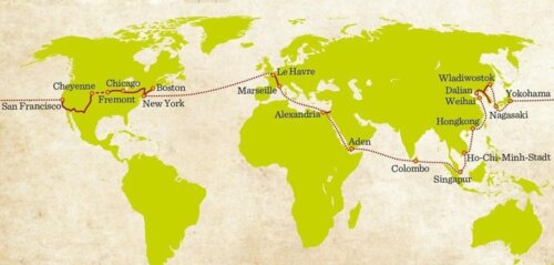 A map showing Annie's bicycle travels, marking her route from the US to Europe, through the Mediterranean, between Africa and the Middle East, around Indian, and into Eastern Asia.