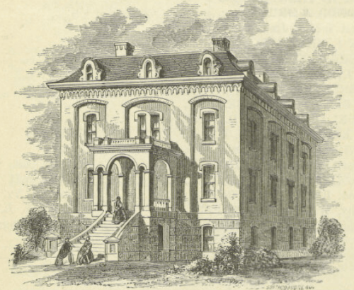 A print of a four-story building, with women in long dresses walking inside.