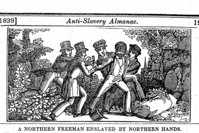 A print of a group of white men in top hats kidnapping a Black man.