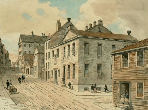 a drawing of a mid-nineteenth century city street. Brick, stone, and wooden buildings line the right side, and people walk through the streets.