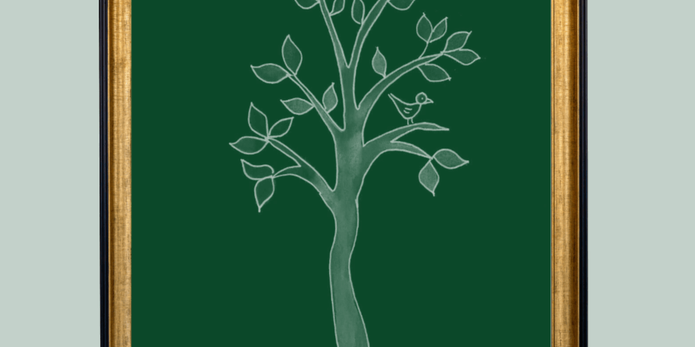 An illustration of a tree on a green background in a gold frame.