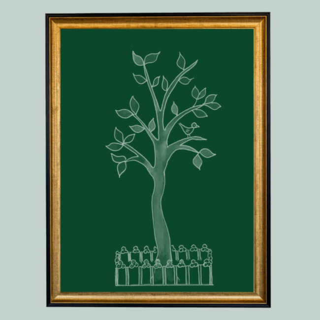 Square_Tree Art Comp An illustration of a tree on a green background in a gold frame.
