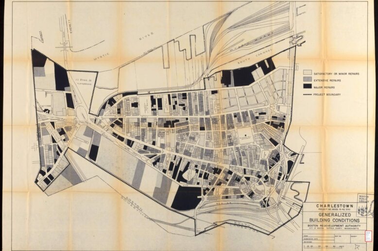 Charlestown Plan An aerial plan of the neighborhood of Charlestown, showing a large number of buildings colored in, coded with needing "serious" or "major" repairs.