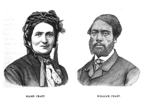 An image of a light skinned Black woman in a bonnet and a Black man in a suit with a beard labeled Ellen and William Craft.