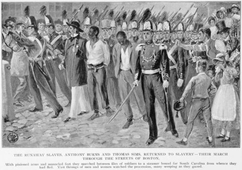 An illustration of fugitive slaves Anthony Burns and Thomas Sims surrounded by soldiers, an angry crowd, and crying children