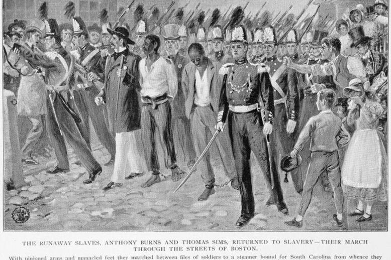 An illustration of fugitive slaves Anthony Burns and Thomas Sims surrounded by soldiers, an angry crowd, and crying children