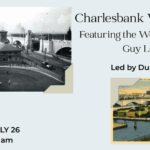 A pale blue background with the name of the event and the West End Museum logo. There are two images framed as if they were in a scrap book: a black and white photo of a building and an illustration of a city by the waterfront.