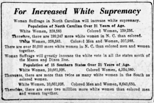 A newspaper clipping listing reasons why giving women the right to vote would add power to white people. The headline reads "For Increased White Supremacy"