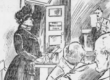 An illustraiton of a courtroom with a woman in a black victorian dress at a stand while a man reads a paper.