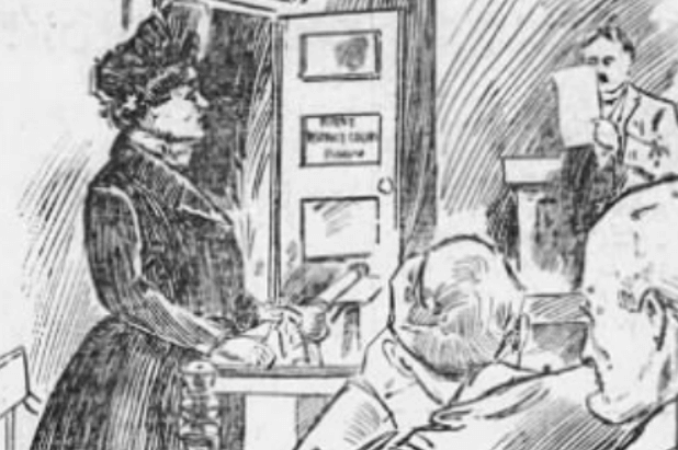 An illustraiton of a courtroom with a woman in a black victorian dress at a stand while a man reads a paper.