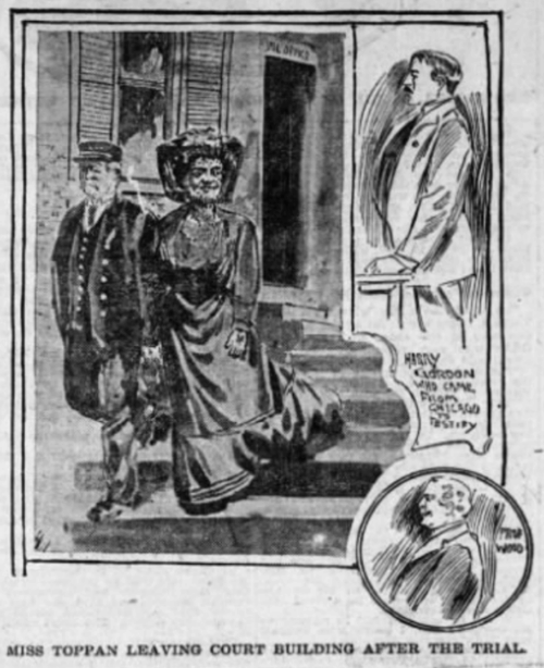 A woman wearing a Victorian dress escorted down the stairs by a policeman. Two insets depict a male lawyer and judge.