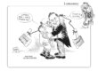 Political cartoon showing two men hugging while holding axes at the other's back.