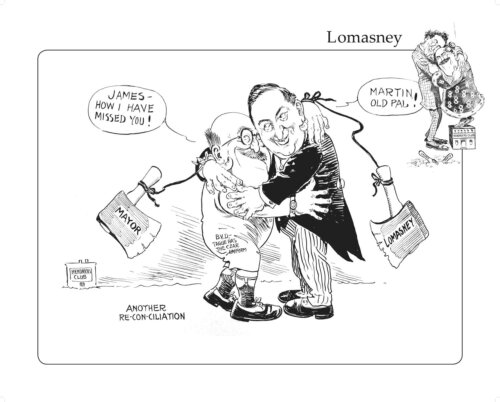 Political cartoon showing two men hugging while holding axes at the other's back.