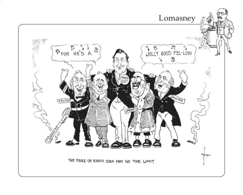 Cartoon of five men with their arms wrapped around each other and singing about the man in the center who has a badge that says "mayor elect."