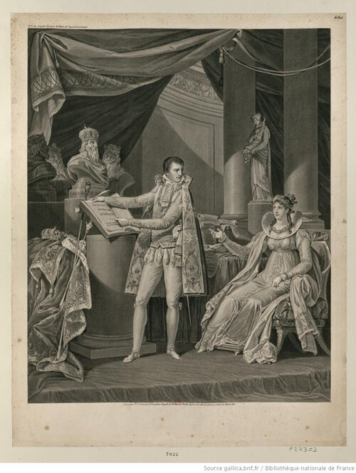 An illustration of a man in a cape gesturing to a book in a room with columns and drapery. A woman in elaborate robes watches.