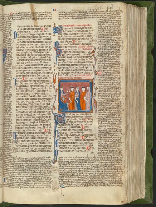 Scan of a medieval illuminated manuscript with a thumbnail image of emperor Justinian giving his code.