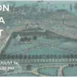 An illustrated arial view of the Boston Commons and surrounding areas with a blue filter.