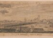 An illustration of a bridge over a river full of small boats leading to a more built up area. Several people walk along the banks.