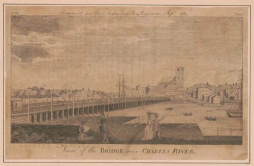 An illustration of a bridge over a river full of small boats leading to a more built up area. Several people walk along the banks.