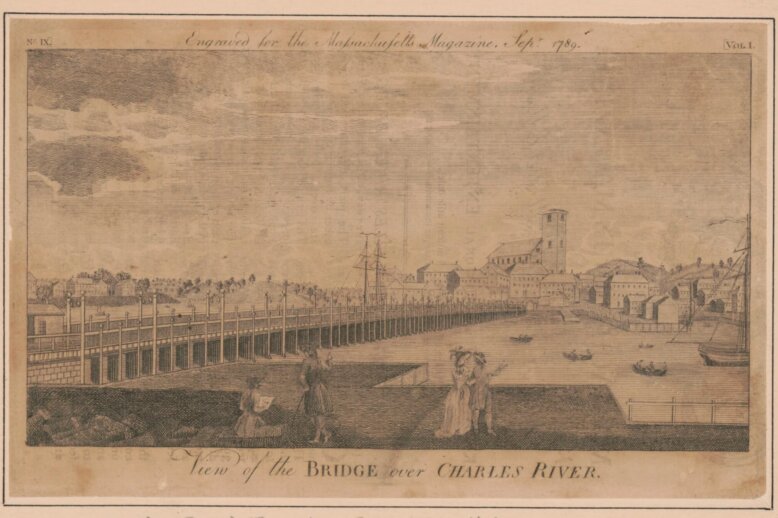 An illustration of a bridge over a river full of small boats leading to a more built up area. Several people walk along the banks.