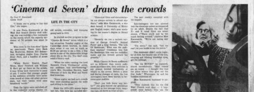 A news paper clipping with the headline "Cinema at Seven draws the crowds" and an image of a woman threading a projector.
