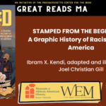 A brick colored poster with details on a book club on Stamped from the beginning.