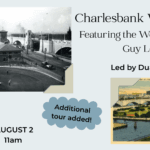 A pale blue background with the name of the event and the West End Museum logo. There are two images framed as if they were in a scrap book: a black and white photo of a building and an illustration of a city by the waterfront.