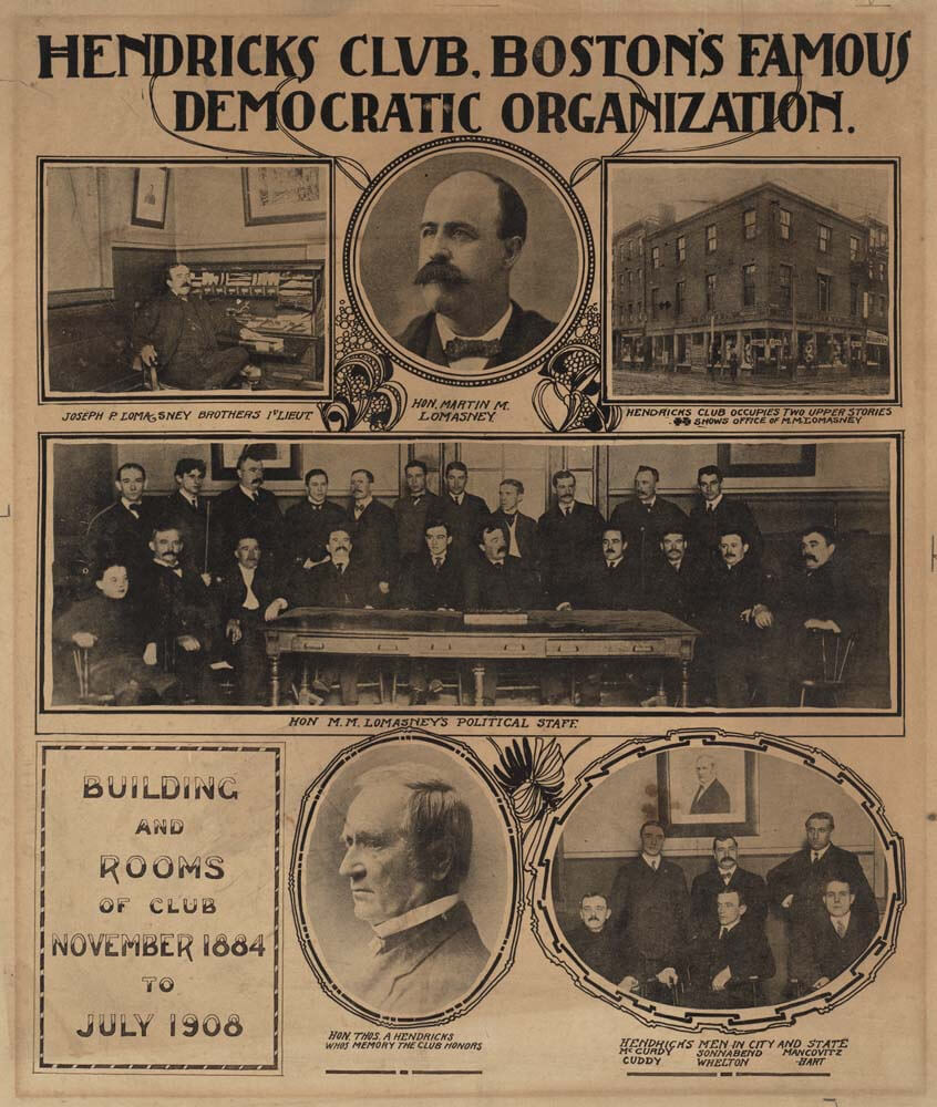 Newspaper clipping showing several photos of the building and members of the Hendricks Club.
