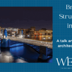Image of the Longfellow bridge at night next to details explaining an upcoming talk on the architecture of bridges in Boston.