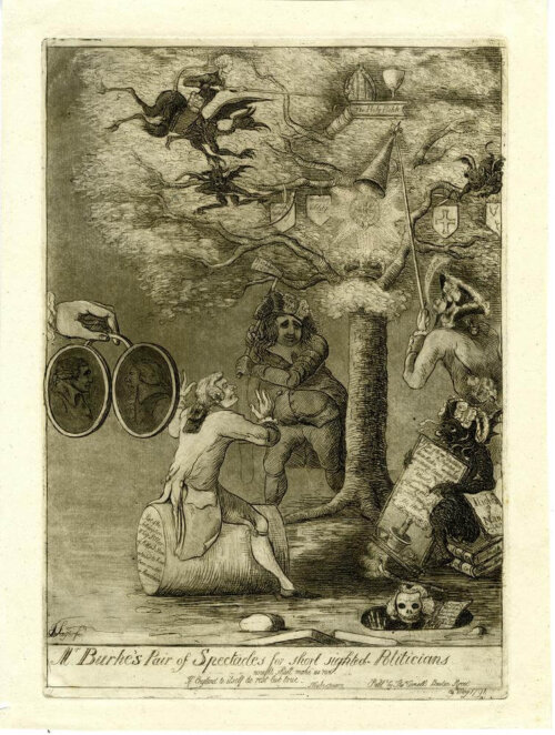 A satirical cartoon showing the vision behind a pair of glasses showing mob rule in the name of universal rights to be cutting down the tree representing old power like the aristocracy and the church.