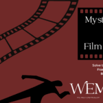 A deep red background with a chalk outline of a body, a man in a trench coat and hat looking on and film strips.