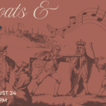 An 18th century illustration of a king between two fighting men in tricorn hats under an arc of music notes.