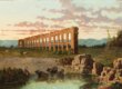 A painting of a Roman aqueduct ruin in a field with cows.