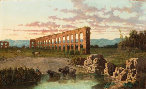 A painting of a Roman aqueduct ruin in a field with cows.