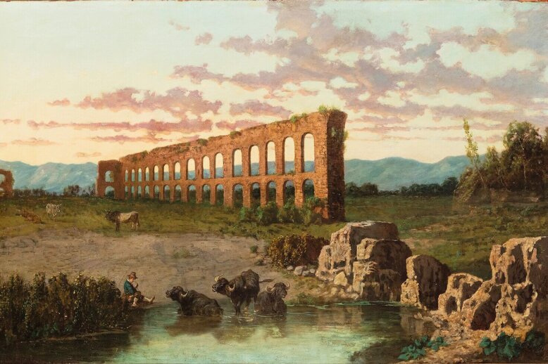 A painting of a Roman aqueduct ruin in a field with cows.