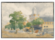A water color image of a street with a large tree and a domed church tower in front of a market.