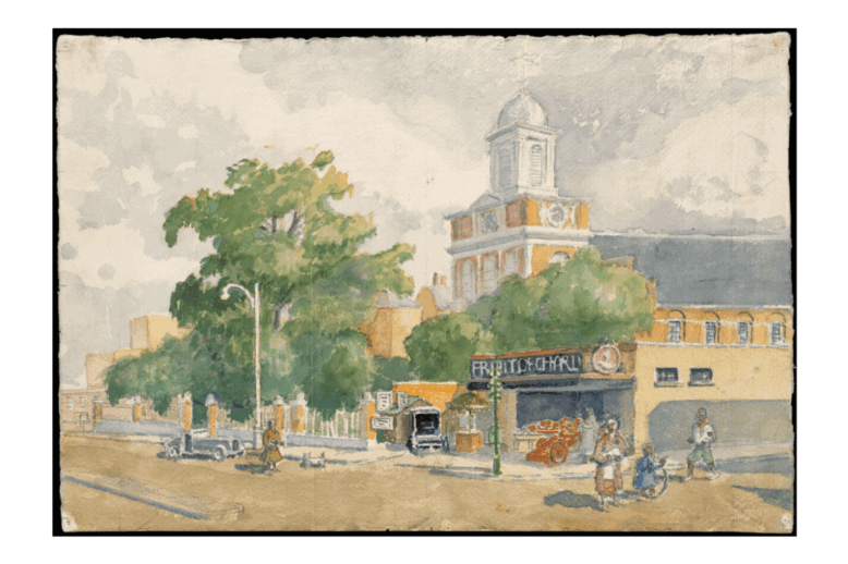 A water color image of a street with a large tree and a domed church tower in front of a market.