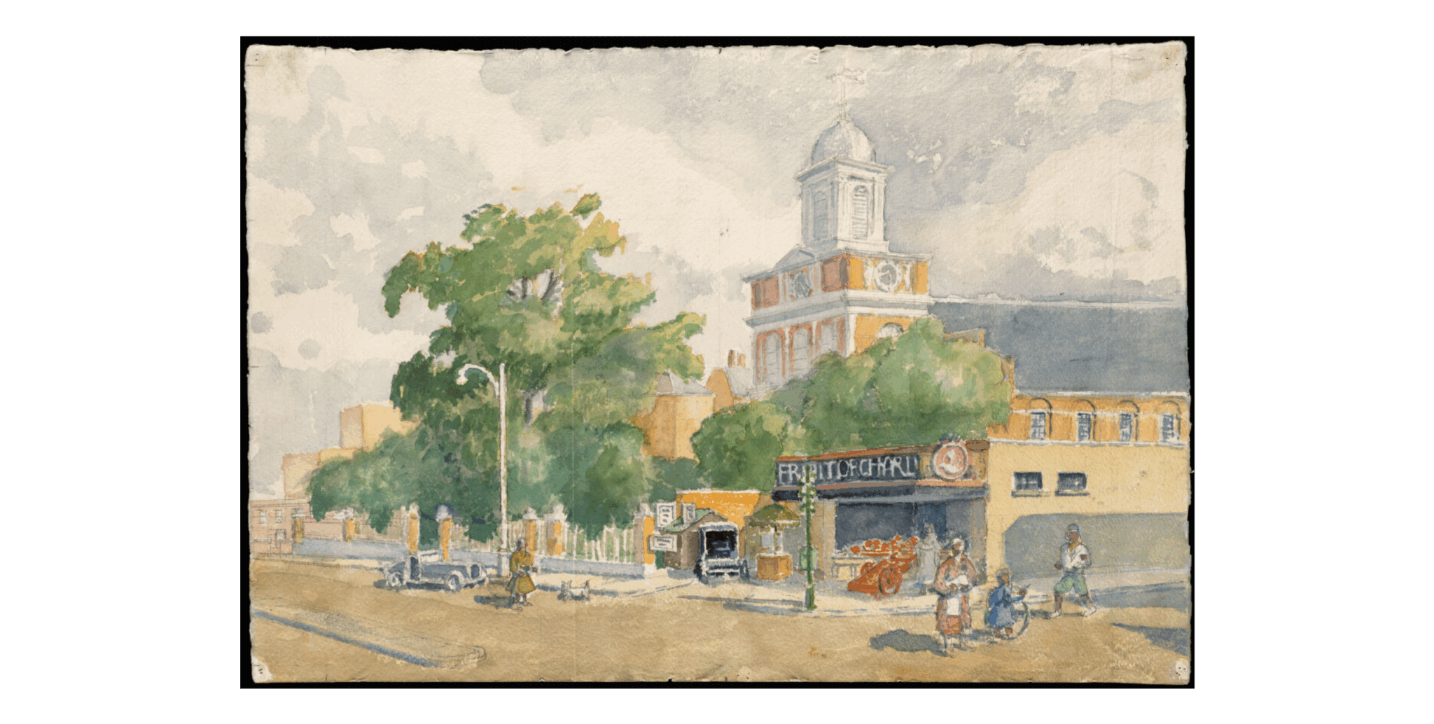 A water color image of a street with a large tree and a domed church tower in front of a market.