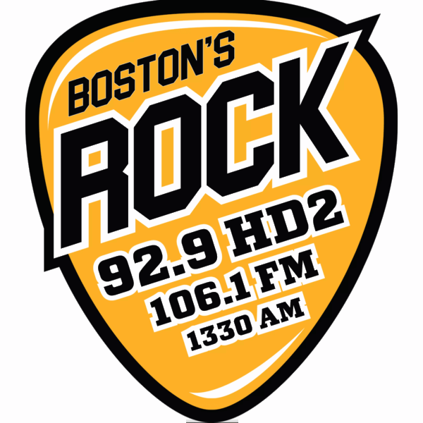 A yellow pick overlain with Boston's Rock radio channels