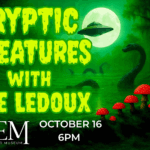 Green dripping letters in front of a swap background with a sea monster UFO and mushrooms