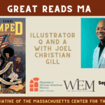 A poster with a photo of a man in a blue shirt next to a book cover.