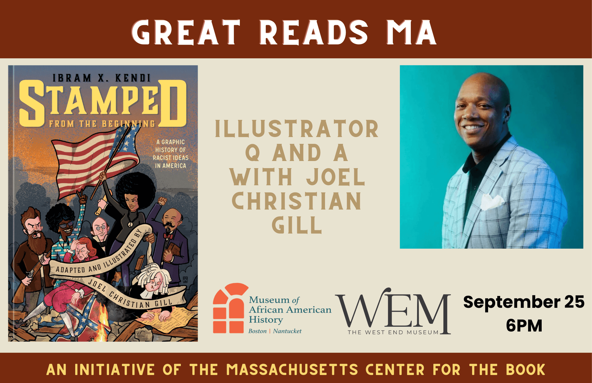 A poster with a photo of a man in a blue shirt next to a book cover.