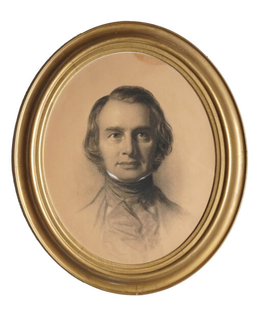 A black and white portrait of a young man with a large cravat in an ovular.