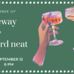 A pair of hands holding drinks on a green background with a drink mixer framing text.