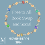 A circle of illustrated books on a blue background with the words "free to all: book swap and social" in the middle.