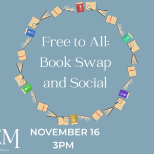 A circle of illustrated books on a blue background with the words "free to all: book swap and social" in the middle.