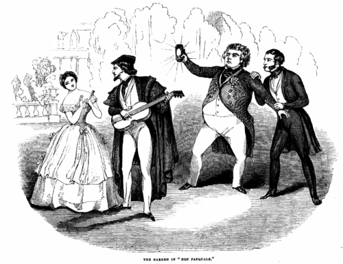 An illustration of two lovers wooing being interrupted be two men.