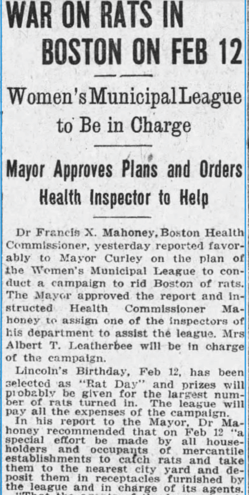 Newspaper clipping with the headline "War on Rats in Boston on Feb 12"