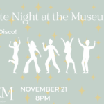 Silhouettes of people dancing over a light green background with stars.