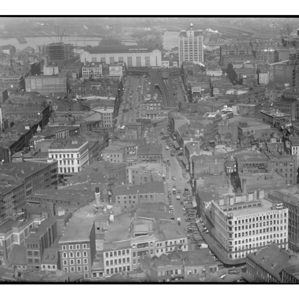 An aerial view of the North End of Boston.